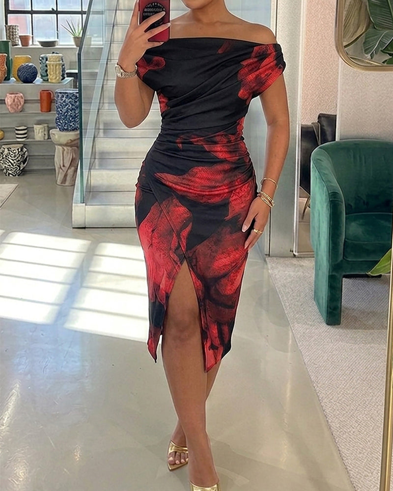 Women's Floral Print Skew Neck Mid-length Dress Ruched Wrapped Slit Bodycon Dress Elegant Party Cocktail Evening Gown