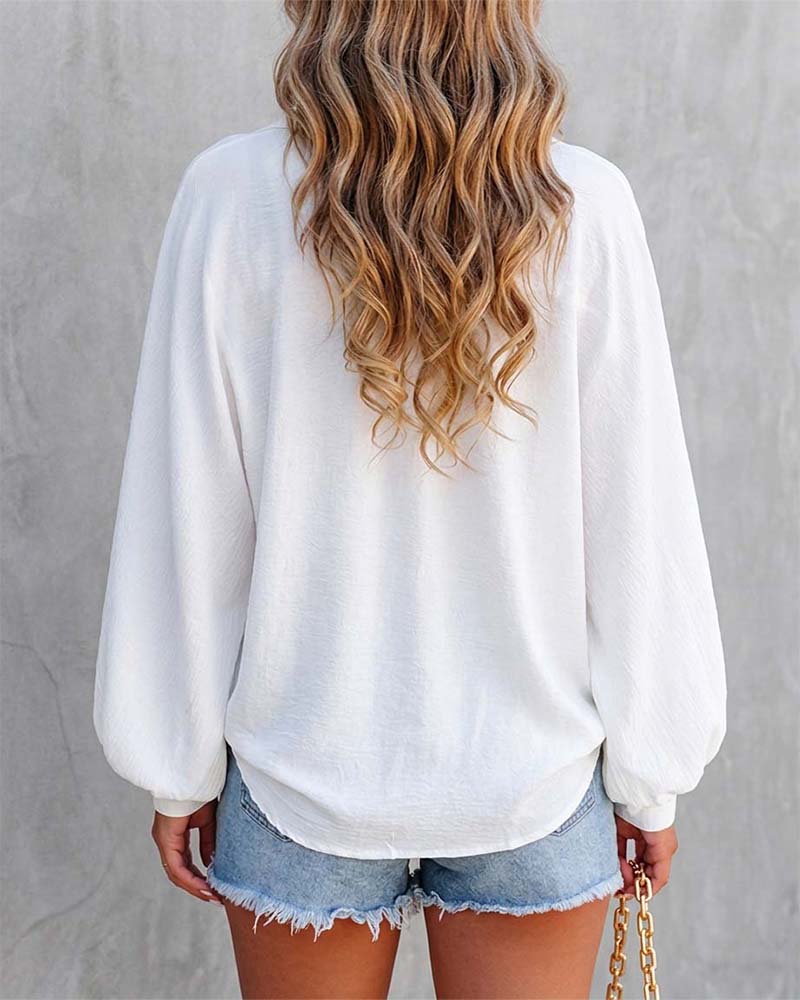 Women's Textured Button Down Shirt Loose Fit Lantern Sleeve Blouse Casual Office Work Top
