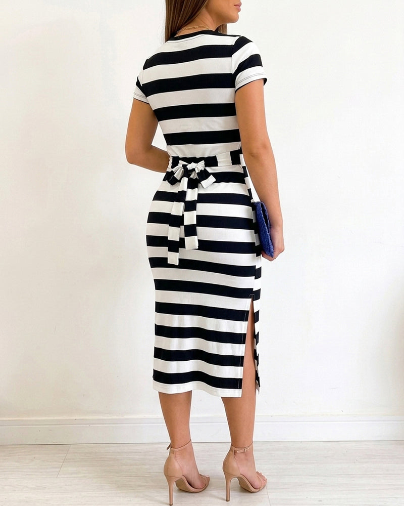 Women's Casual Striped Midi Dress Short Sleeve Crewneck Tie Waist T Shirt Dress Side Slit Commuting Dress