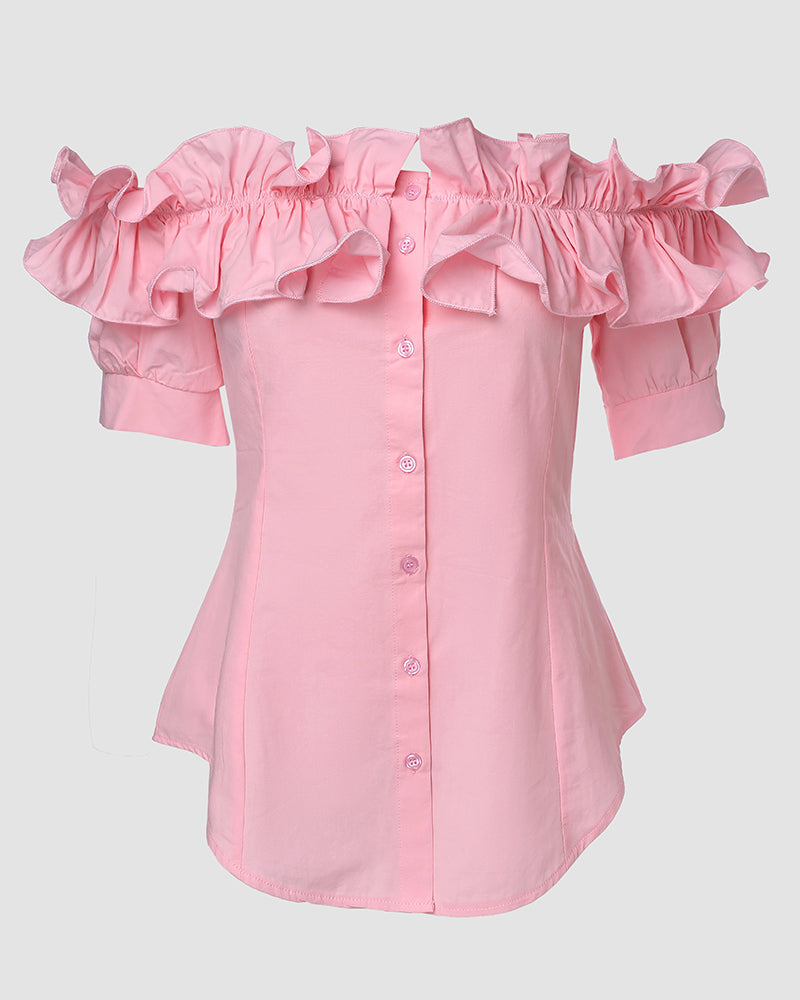 Ruffles Off Shoulder Short Sleeve Button Front Blouse Asymmetrical Hem Top