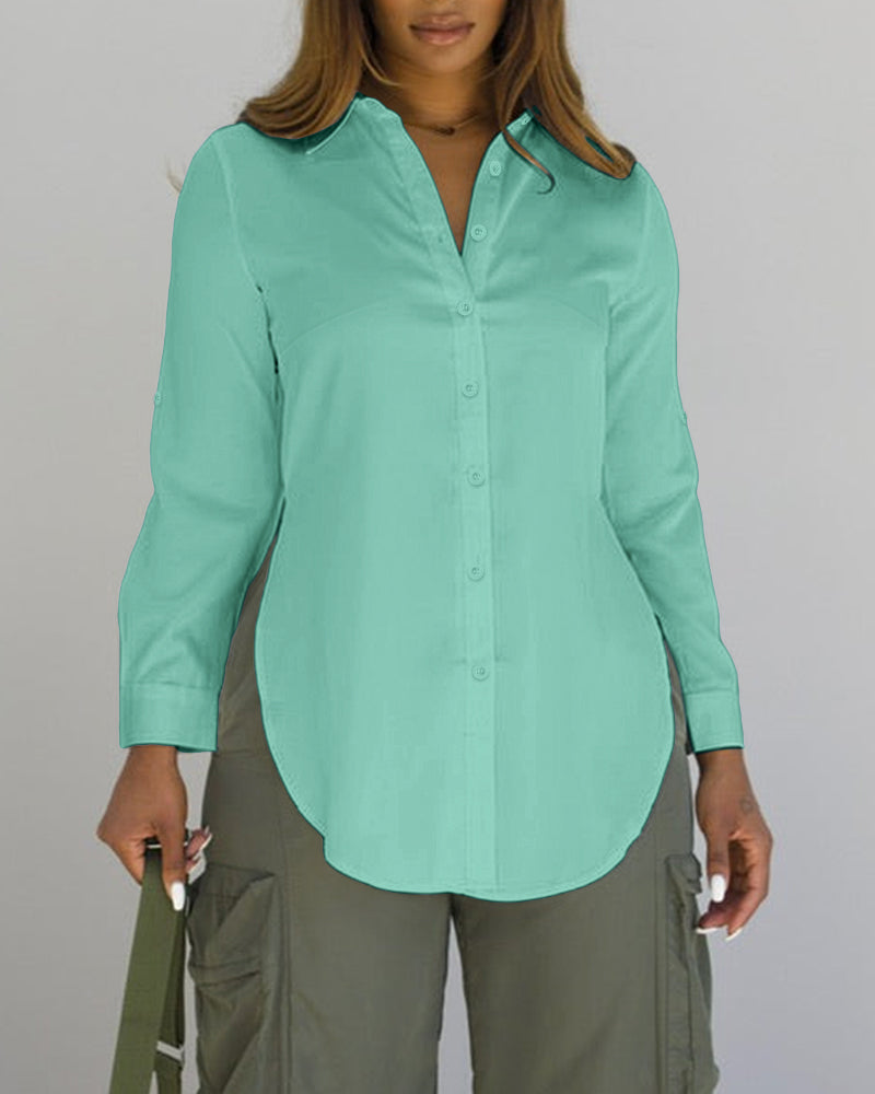 Turn-down Collar Roll Up Sleeve Button Front Shirt Casual Side Slit Curved Hem Top