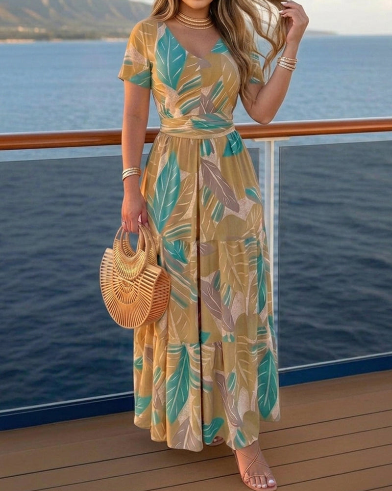 Plants Print V-Neck Short Sleeve Tie Waist Maxi Dress Casual Cinched Waist Ruffle Hem Vacation Dress