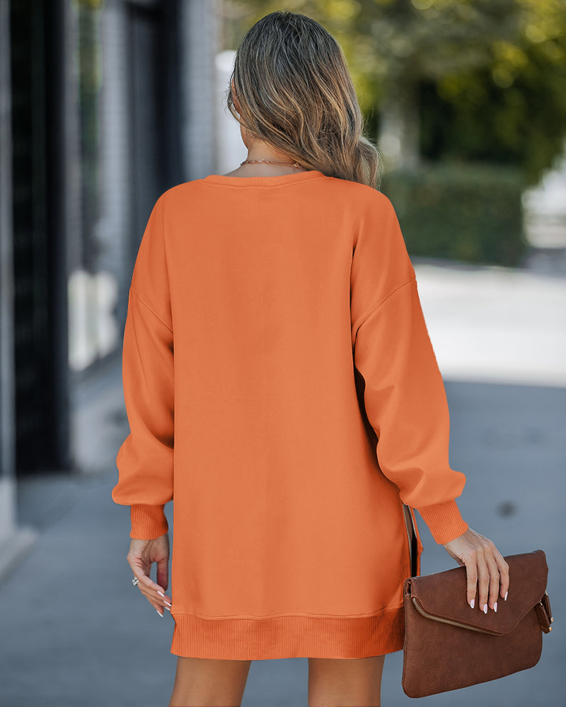 Letter Patch Detail Long Sleeve Drop Shoulder Pullover Sweatshirt Casual Zipper Side Slit Top
