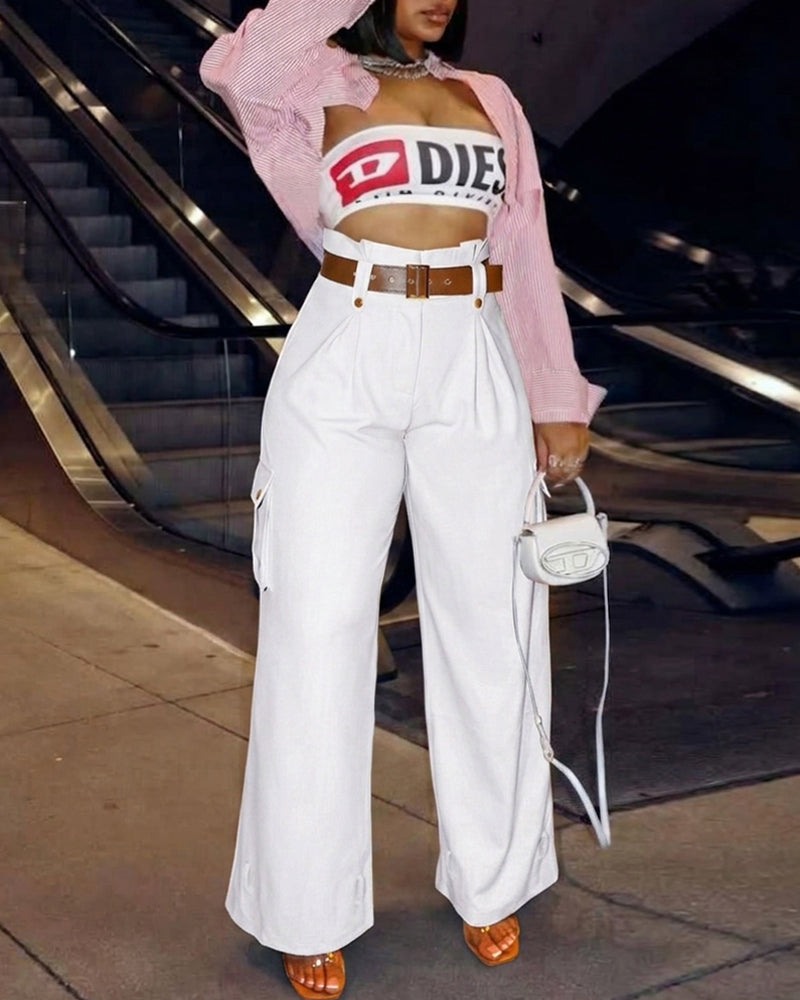 Women's Pockets Design Cargo Pants Casual High Waisted Trousers with Contrast Belt