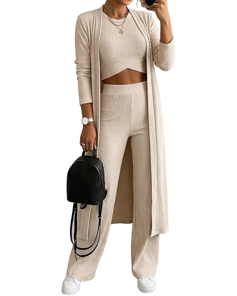 CHICME ESSENCE Women's 3 Piece Knit Set Long Cardigan Criss Cross Crop Tank Top and Wide Leg Pants Casual Ribbed Brushed Lounge Set