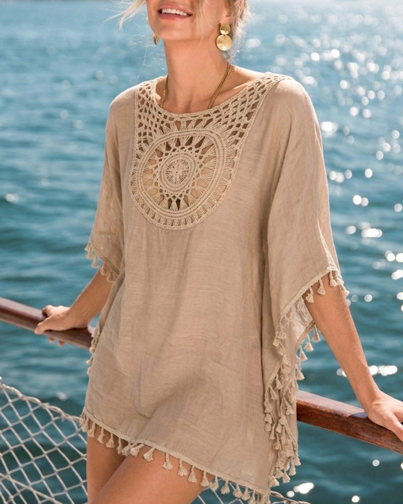 Women's Front & Back Reversible Beach Cover Up Crochet Lace Hollow Out Spliced Tassel Vacation Caftan Dress