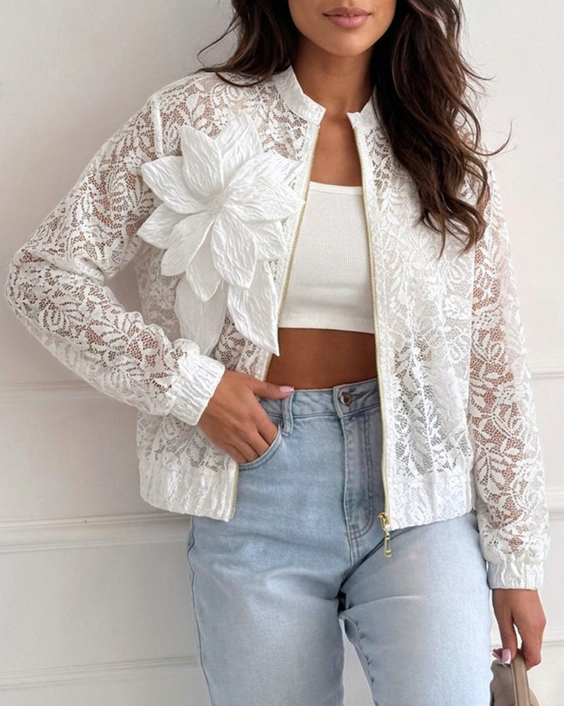 Women's Sheer Lace Bomber Jacket Lightweight Mesh See Through Crop Coat with Detachable 3D Floral