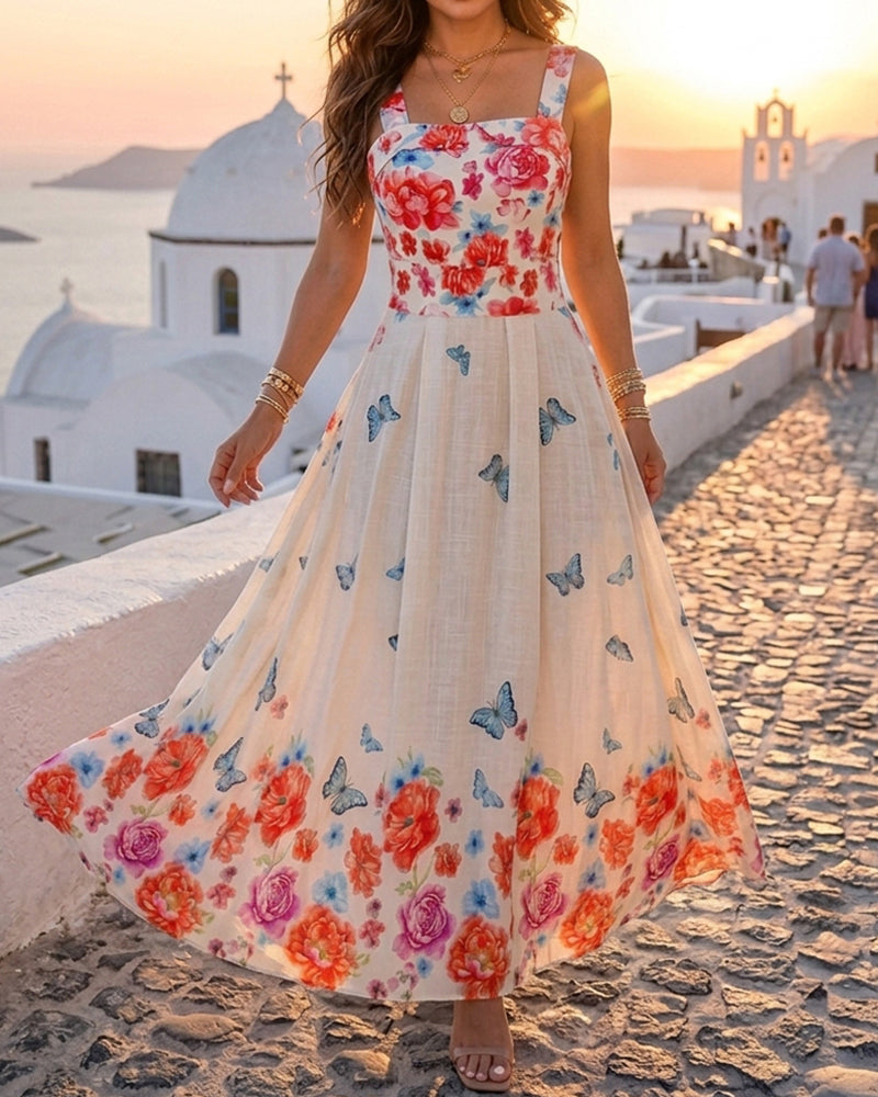 Women's Floral Butterfly Placement Print Cami Dress Shirred Back Sleeveless Vacation Sundress Casual Beach Maxi Dress