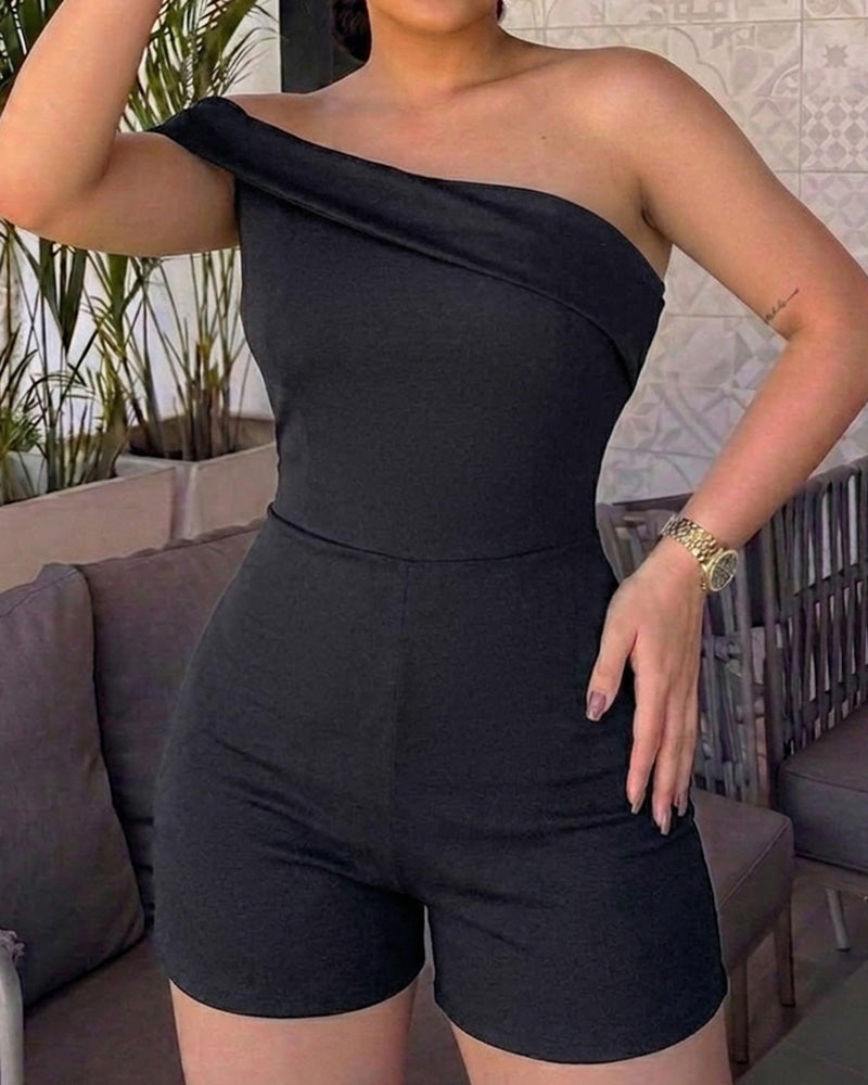 Women's Foldover One Shoulder Romper Slim Fit Sleeveless High Waist Romper