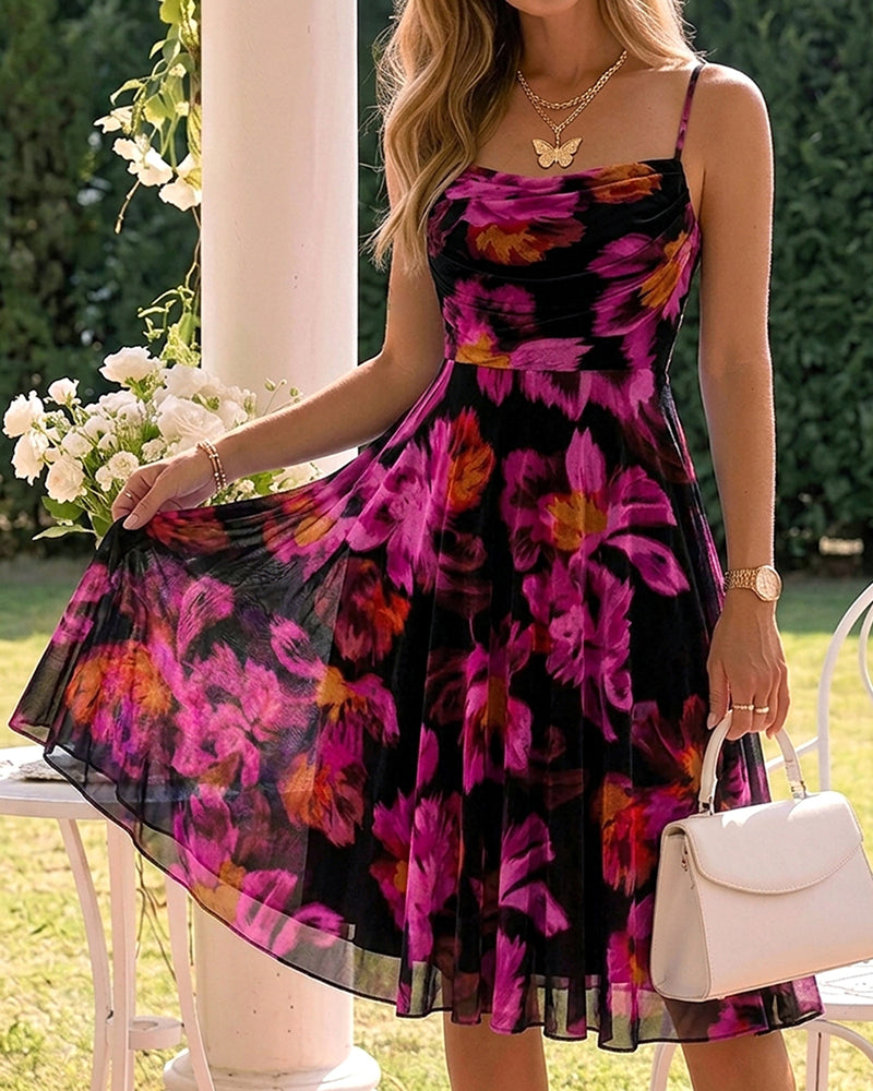 Women's Floral Print Cami Midi Dress Sexy Ruched Mesh A Line Sundress Elegant Spaghetti Strap Party Dress