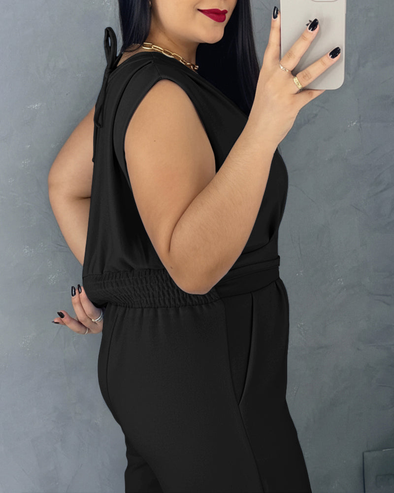 V Neck Lace-Up Waist Meatl Buckle Jumpsuit Casual Shirred Wide Leg Romper