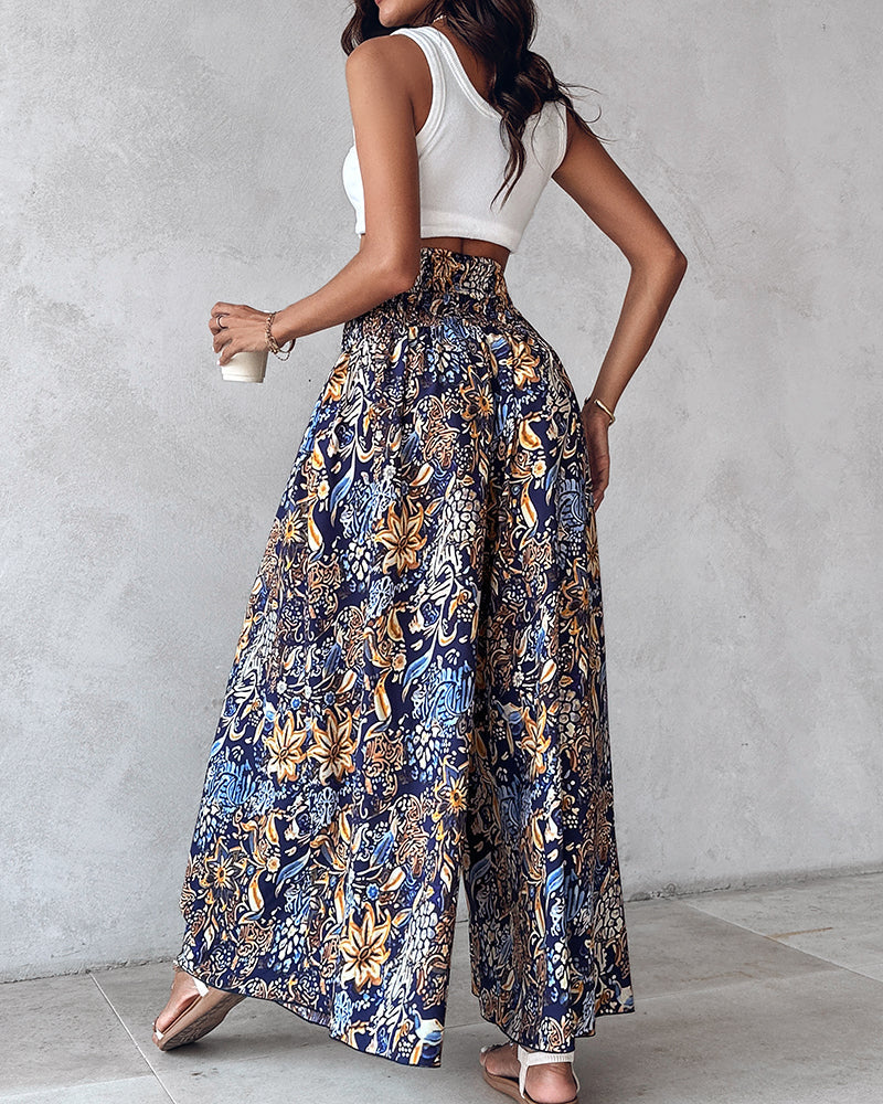 Boho Vintage Floral Print Shirred High Waist Wide Leg Pants