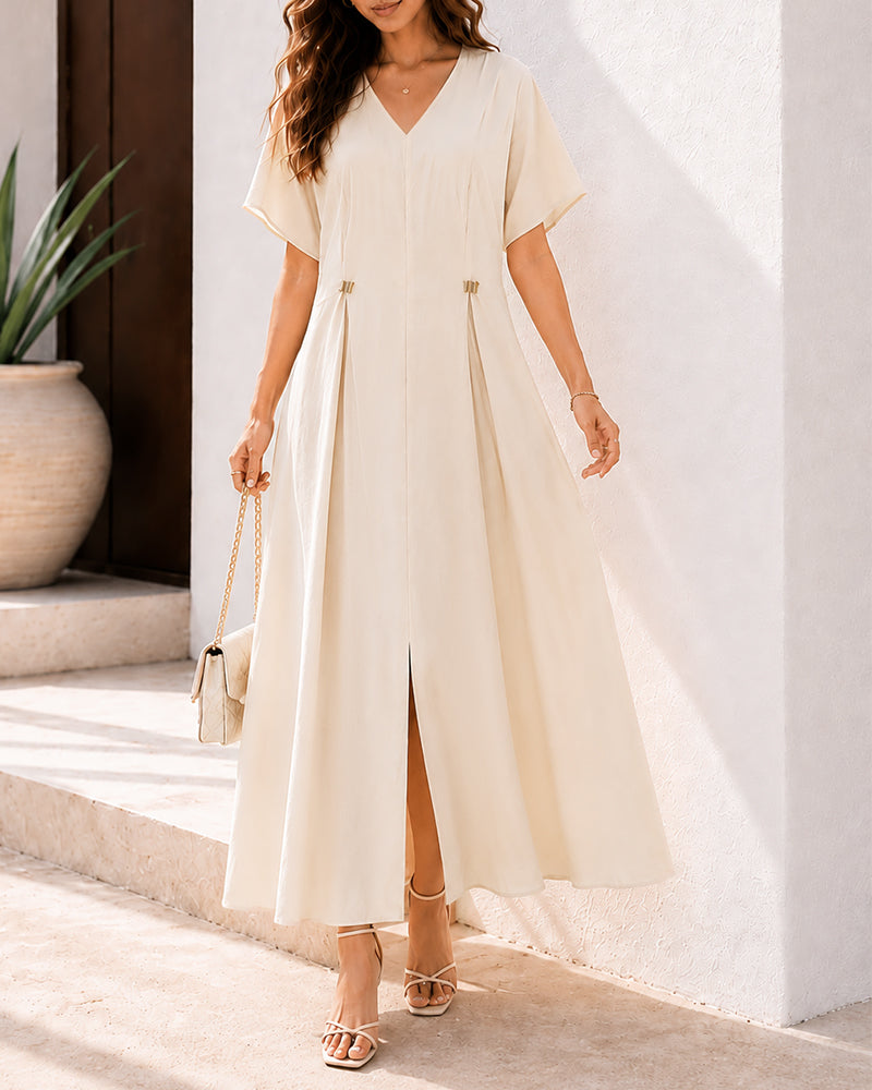 Women's Elegant V Neck Maxi Dress Casual Batwing Sleeve Pleated Long Dress Front Slit Shirred Vacation Dress