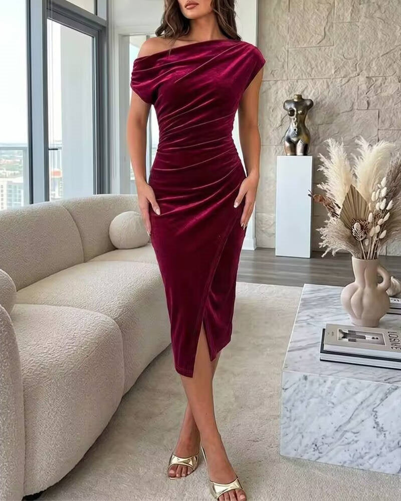 Women's Velvet Skew Neck Midi Dress Elegant Ruched Wrap Slit Bodycon Evening Dress