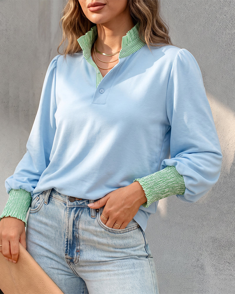 Women's Contrast Stripe Patchwork Blouse Frill Hem Stand Collar Puff Lantern Sleeve Shirred Cuff Pullover Shirt