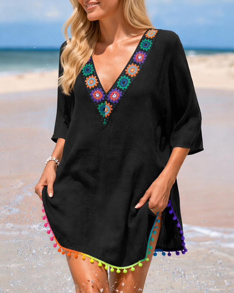Women's V Neck Beach Cover Up Pom Pom Trim Side Slit Sheer Caftan Causal Three Quarters Sleeve Swimwear