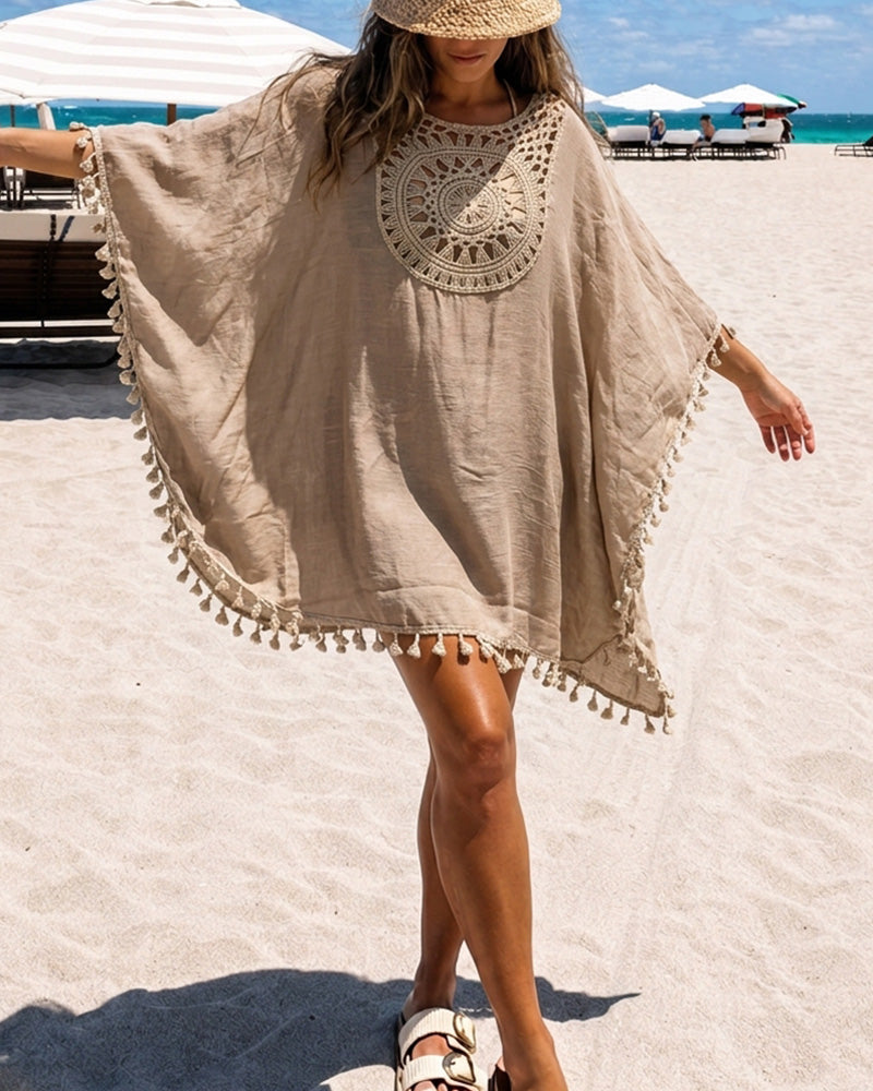 Women's Front & Back Reversible Beach Cover Up Crochet Lace Hollow Out Spliced Tassel Vacation Caftan Dress