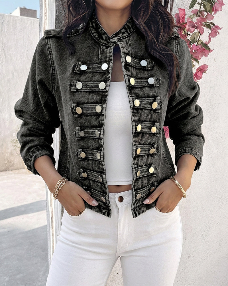 Button Decor Stand Collar Long Sleeve Jacket Casual Denim Coat