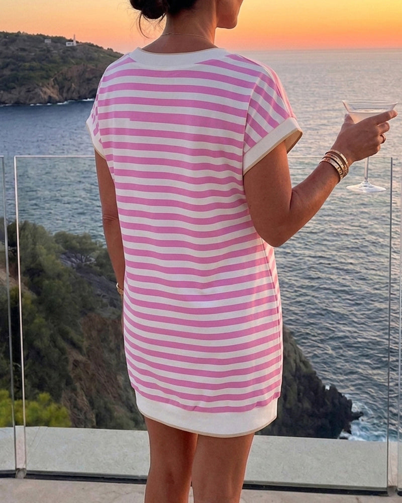 Women's Striped V-Neck T-Shirt Dress Summer Casual Short Sleeve Mini Dress Loose Fit Vacation Dress with Pockets