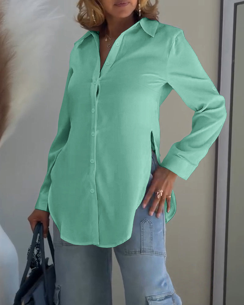 Turn-down Collar Roll Up Sleeve Button Front Shirt Casual Side Slit Curved Hem Top