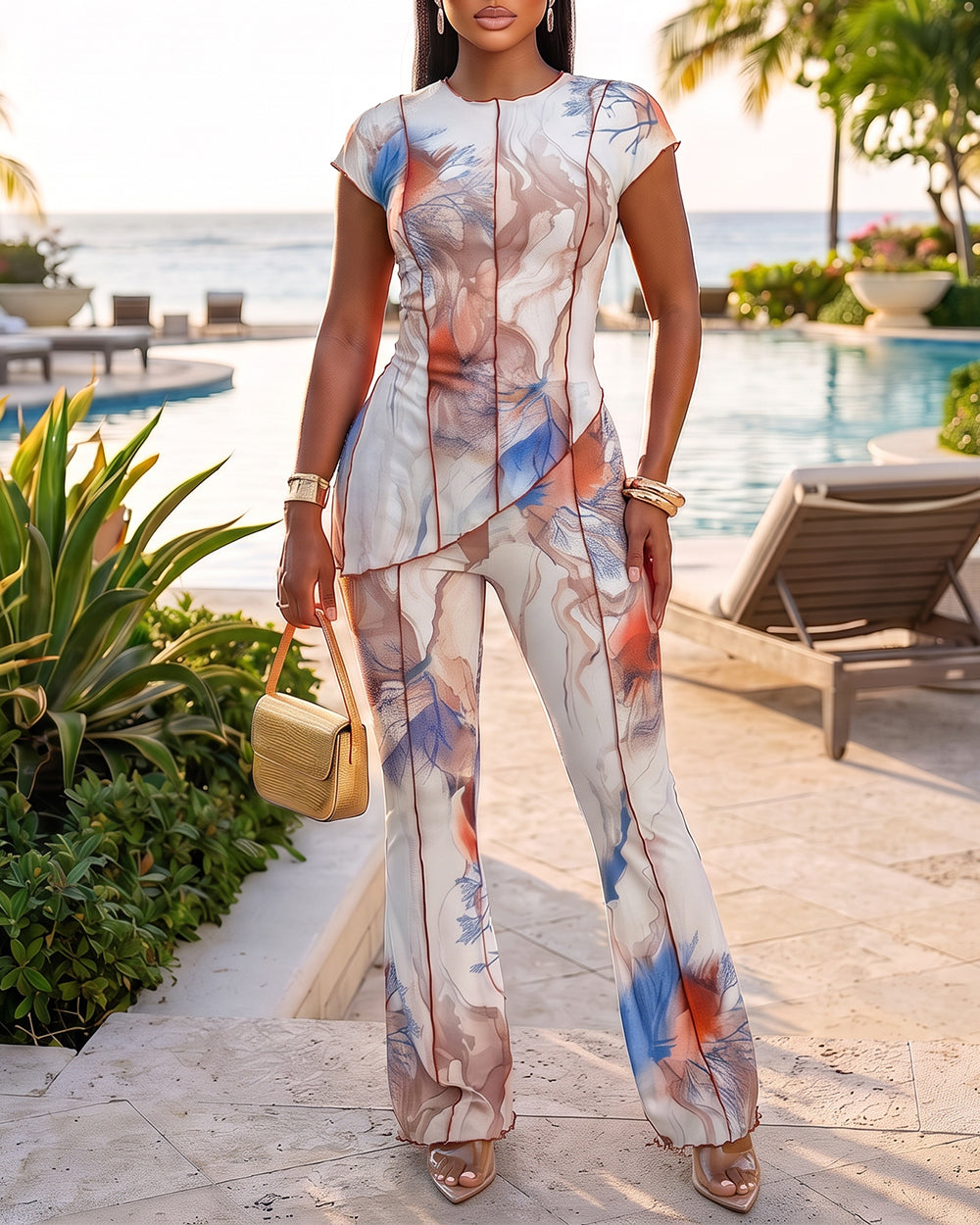 Women's 2 Piece Mesh Set Vintage Print Short Sleeve Top and High Waisted Flare Pants Set with Lining