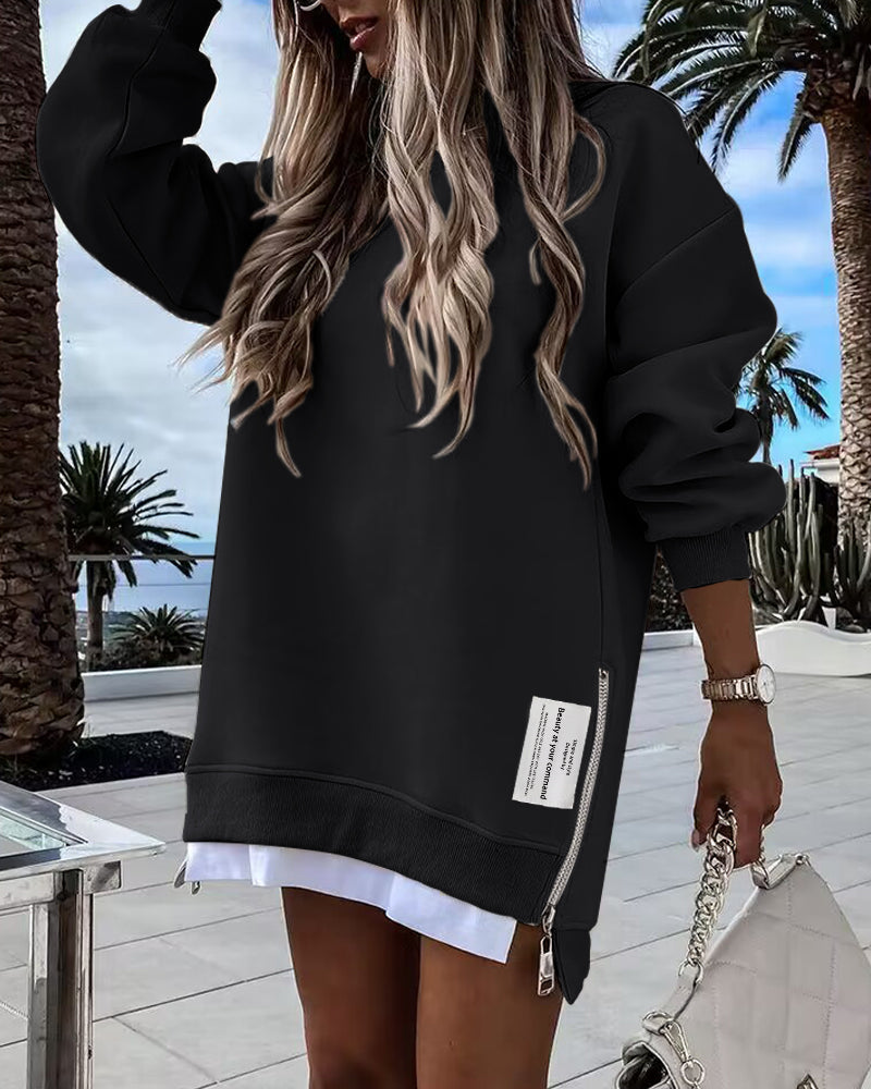 Letter Patch Detail Long Sleeve Drop Shoulder Pullover Sweatshirt Casual Zipper Side Slit Top