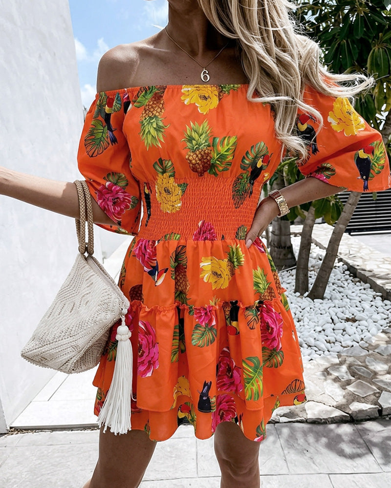 Women's Stretchy Off Shoulder Vacation Dress Tropical Fruit Floral Shirred Waist Ruffle Hem A Line Dress
