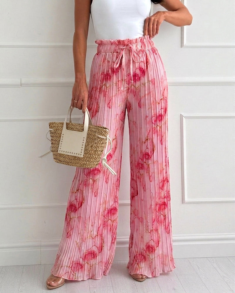 Women's Tie Dye Print Pleated Wide Leg Pants High Waisted Flowy Palazzo Pants Drawstring Lounge Pants with Pockets