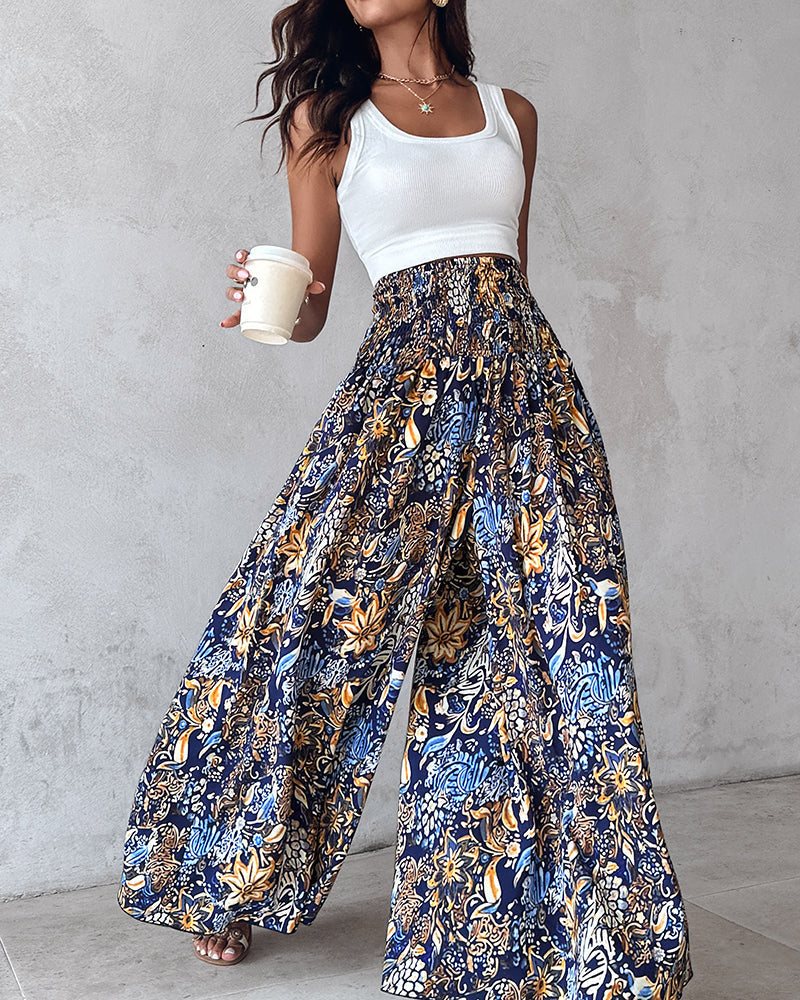 Boho Vintage Floral Print Shirred High Waist Wide Leg Pants