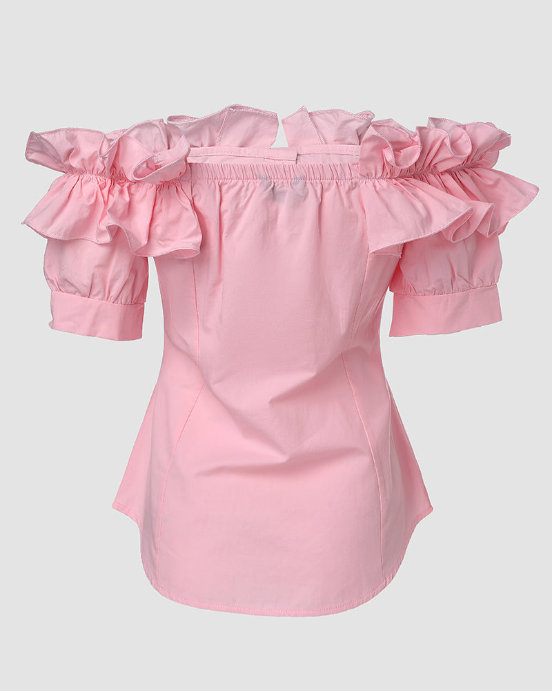 Ruffles Off Shoulder Short Sleeve Button Front Blouse Asymmetrical Hem Top