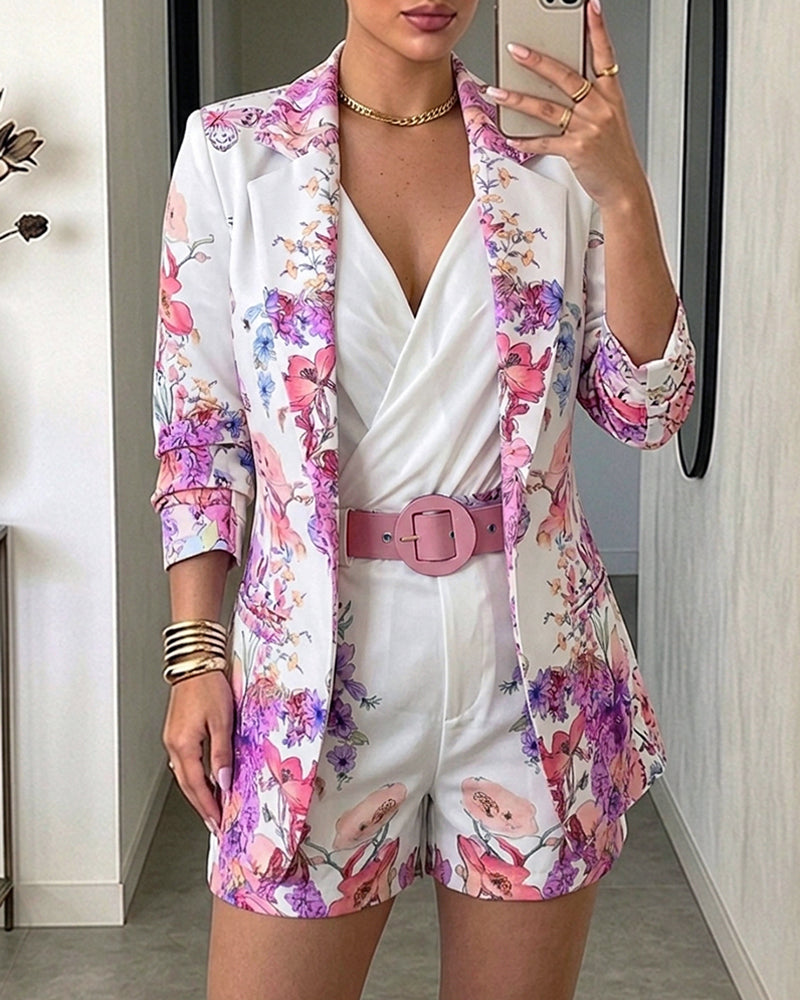 Women's Floral Blazer & Shorts Set Elegant Single-Breasted Coat and High-Waisted Shorts with Belt