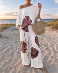 Women's Floral 2-Piece Satin Matching Set Skew Neck Batwing Sleeve Top and High Waisted Straight Leg Pants with Pockets