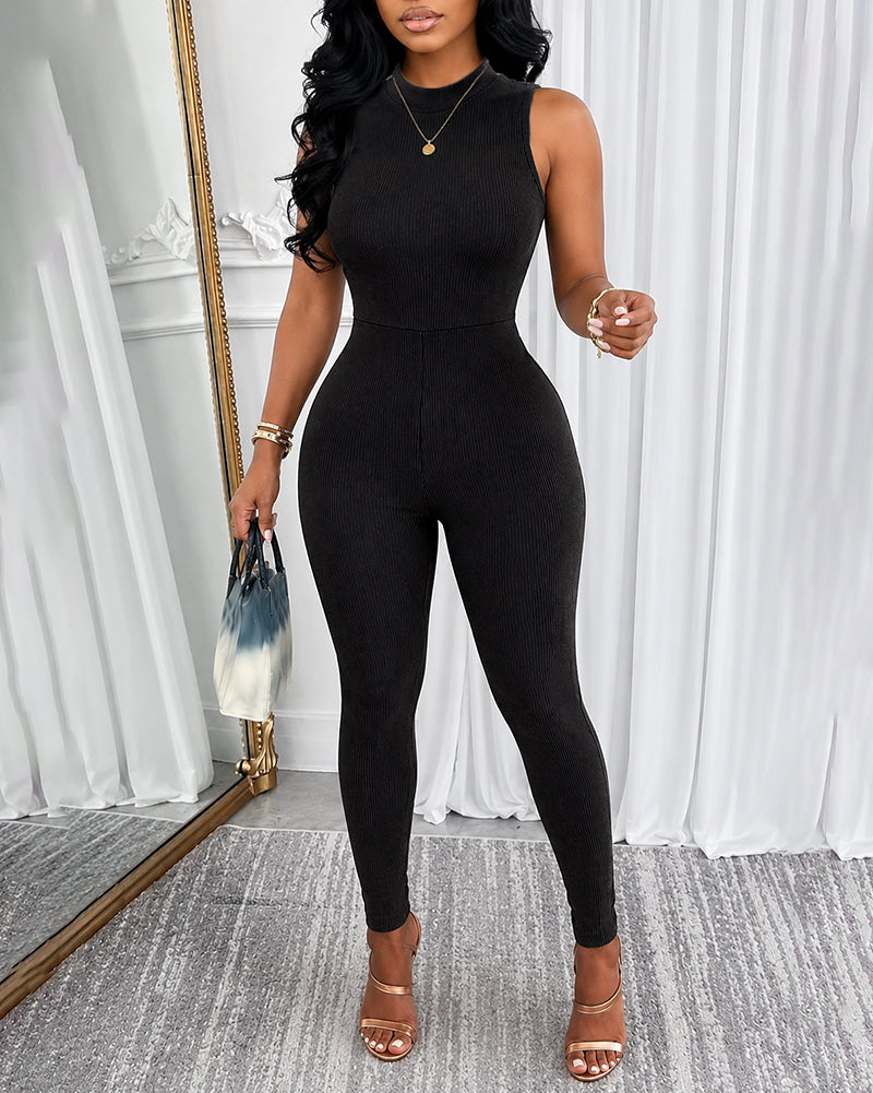 Women's Halter Neck Backless Jumpsuit Ribbed Knit Slim Fit Sleeveless Romper Sexy Party Clubwear