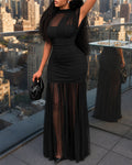 Mock Neck Sleeveless Sheer Mesh Spliced Maxi Dress Elegant Cinched Waist Zipper Side Ruched Evening Dress