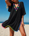 Women's V Neck Beach Cover Up Pom Pom Trim Side Slit Sheer Caftan Causal Three Quarters Sleeve Swimwear