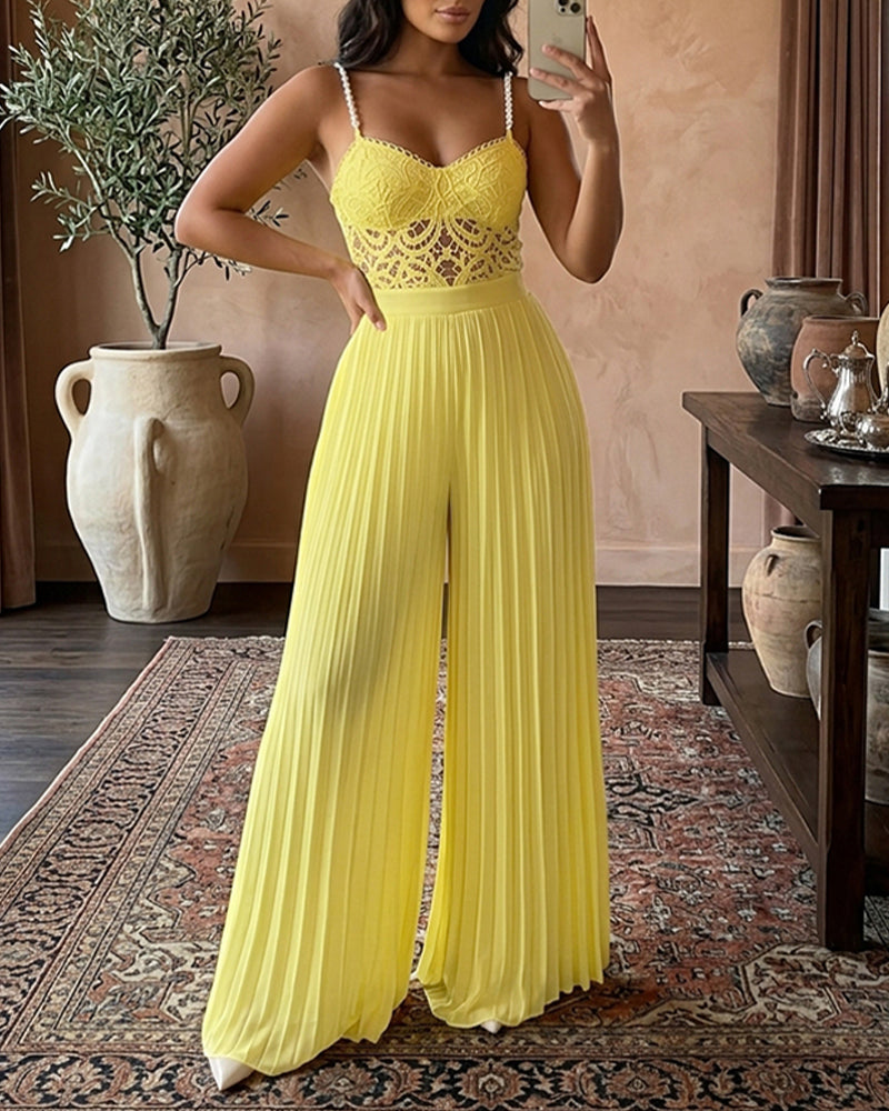 Women's Two Piece Set Lace Cami Top with Stretchy Pearl Straps and High Waist Pleated Wide Leg Chiffon Pants