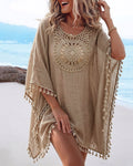 Women's Front & Back Reversible Beach Cover Up Crochet Lace Hollow Out Spliced Tassel Vacation Caftan Dress
