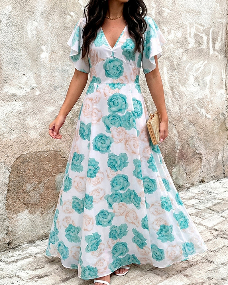 Women's Floral Print Deep V Neck Maxi Dress Flutter Sleeve High Waist Vacation Dress