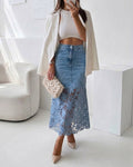 Women's Guipure Lace Spliced Denim Skirt High Waisted Jean Skirt French-Style Casual Skirt