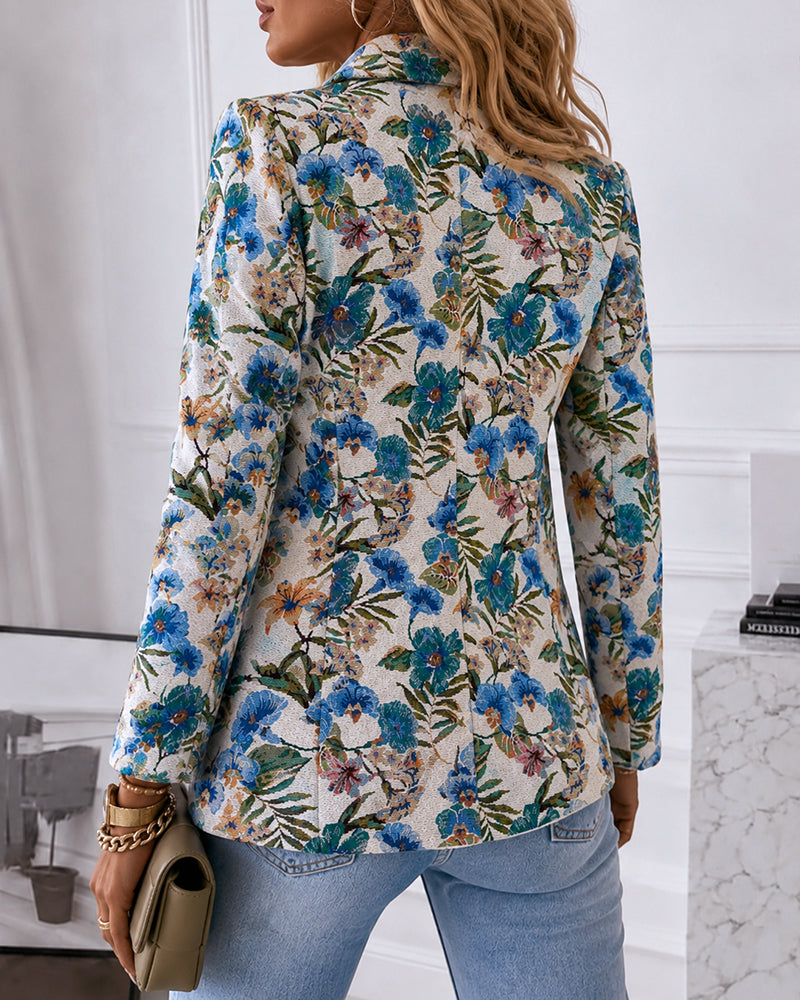 Women's Vintage Floral Jacquard Blazer Elegant Single Breasted Lapel Collar Coat