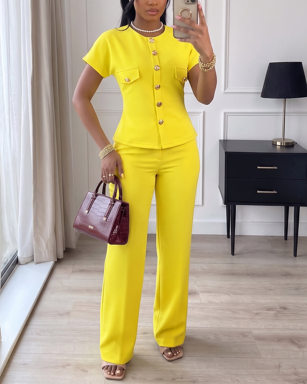 Women's 2 Piece Outfits Short Sleeve Button Down Top and Straight Leg Pants Set Casual Commuter Suits