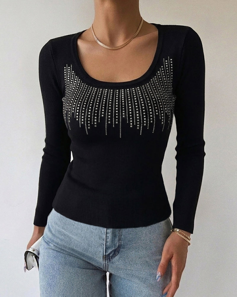 Women's Square Neck Long Sleeve Top Rhinestone Ribbed Knit Shirt Slim Fit Casual Sparkly Tee