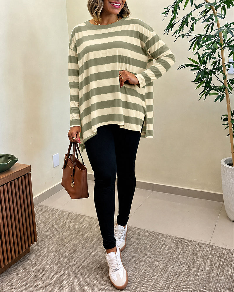 Women's Striped T Shirt Long Sleeve Drop Shoulder Crewneck Tee Side Slit Casual Loose Fit Top