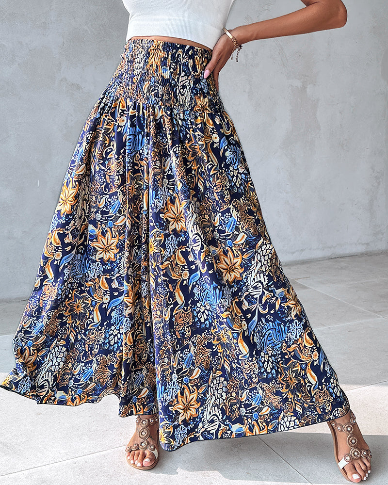 Boho Vintage Floral Print Shirred High Waist Wide Leg Pants