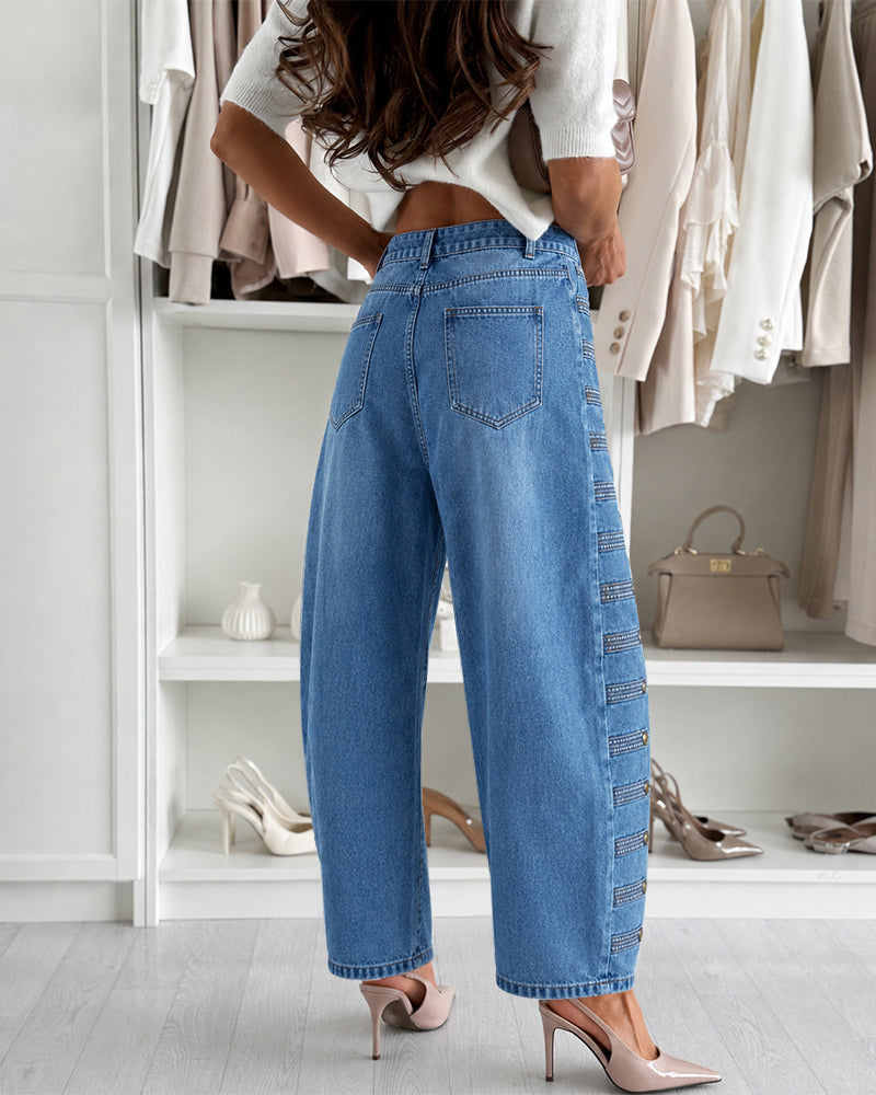Women's Wide Leg Jeans High Waisted Side Button Denim Pants Distressed Washed Trousers Retro Y2K Streetwear