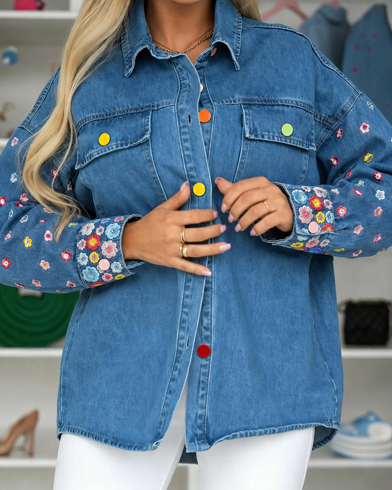 Women's Floral Embroidered Denim Jacket Colorful Button Down Jean Coat Casual Washed Shacket