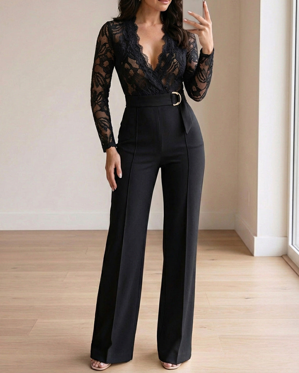 Crochet Lace Trim Deep V-Neck Floral Lace Spliced Ovearalls Casual Zipper Back Seam Front Jumpsuit with Belt