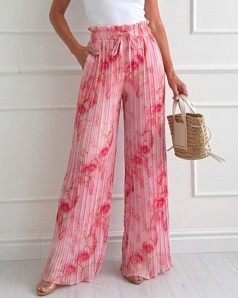 Women's Tie Dye Print Pleated Wide Leg Pants High Waisted Flowy Palazzo Pants Drawstring Lounge Pants with Pockets