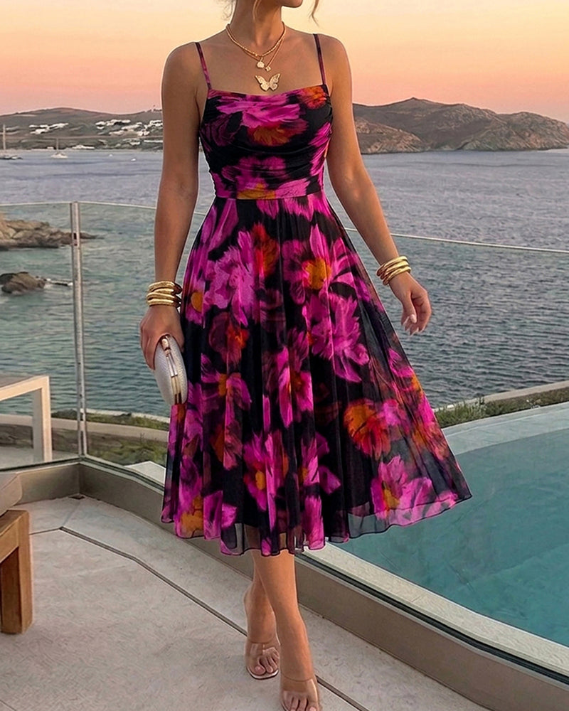 Women's Floral Print Cami Midi Dress Sexy Ruched Mesh A Line Sundress Elegant Spaghetti Strap Party Dress