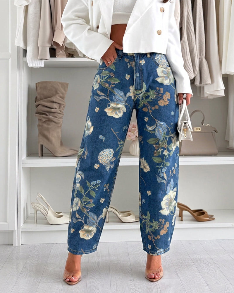 Women's Floral Printed Jeans High Waisted Barrel Denim Pants Vintage Relaxed Trousers